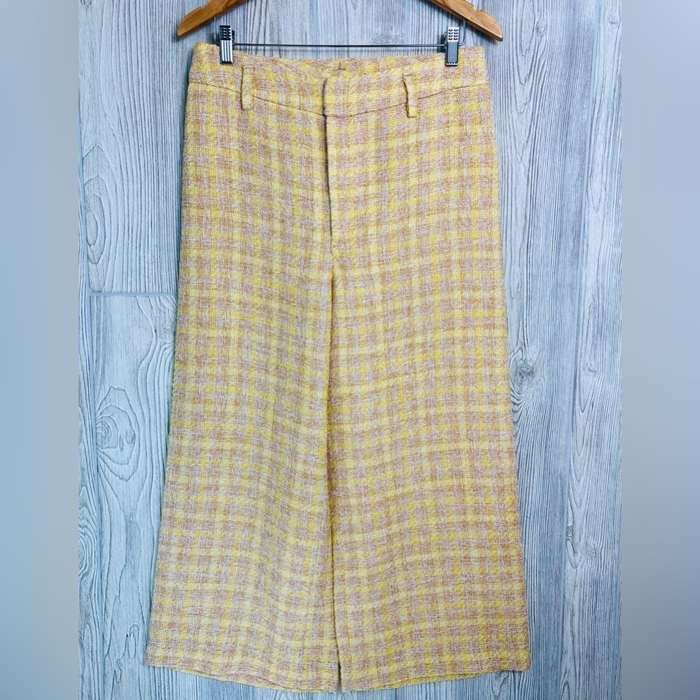 ZARA TWEED TROUSER Cropped Pants Wide Leg Culottes Large Womens Knit Yellow - Picture 3 of 15